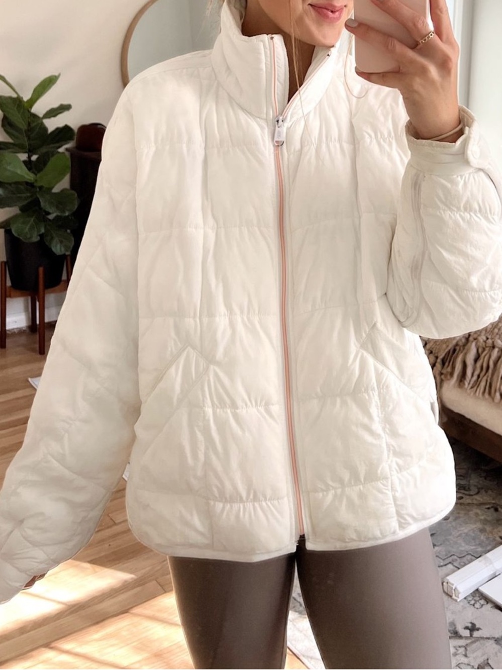 FP Movement by Free People Cream Quilted Puffer Jacket with Stand Collar